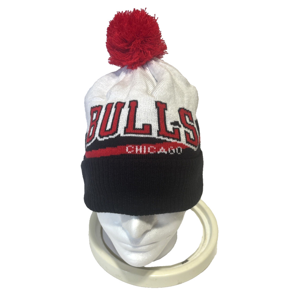 Chicago Bulls Adidas Black Red Beanie Knit Cap Red Pom Cuffed One Size